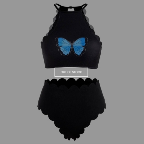 Blue Butterfly Bikini Set ✦ Scalloped Trim Halter Top ✦ Ribbed Cheeky Bottoms S - Picture 4 of 14